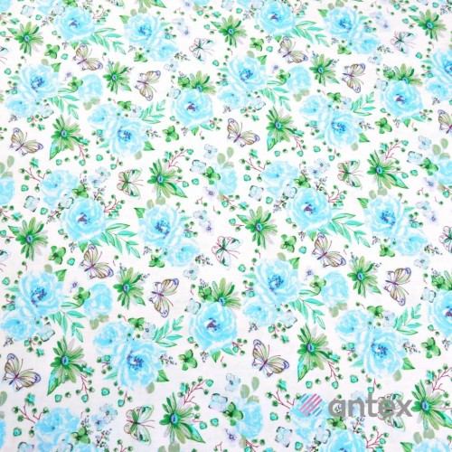 kwiatki z motylkami błękitno zielone na białym tle