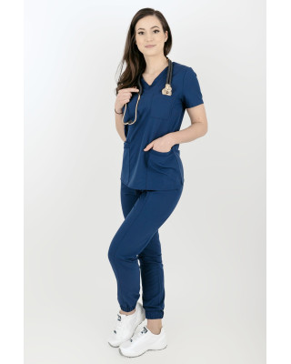 Elastyczny komplet medyczny scrubs bluza medyczna damska joggery medyczne ciemnoniebieski