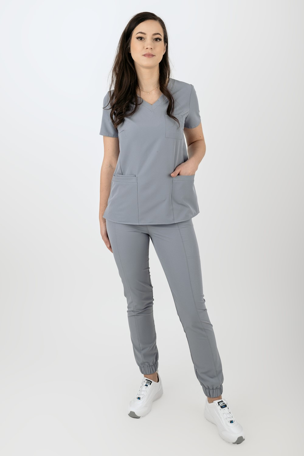 Elastyczny komplet medyczny scrubs bluza medyczna damska joggery medyczne popiel