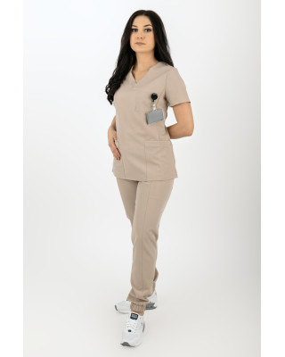Elastyczny komplet medyczny scrubs bluza medyczna damska joggery medyczne beżowy