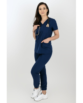 Elastyczny komplet medyczny scrubs bluza medyczna damska joggery medyczne granat