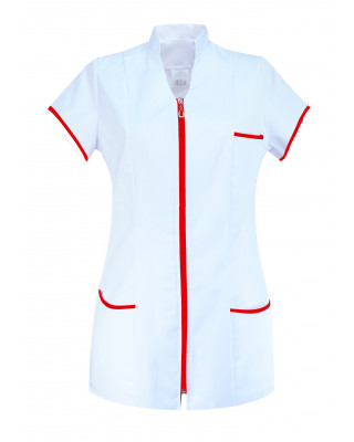 M-308 Żakiet damski na suwak ze stójką medyczny kosmetyczny fartuch kolor biały z czerwonym 