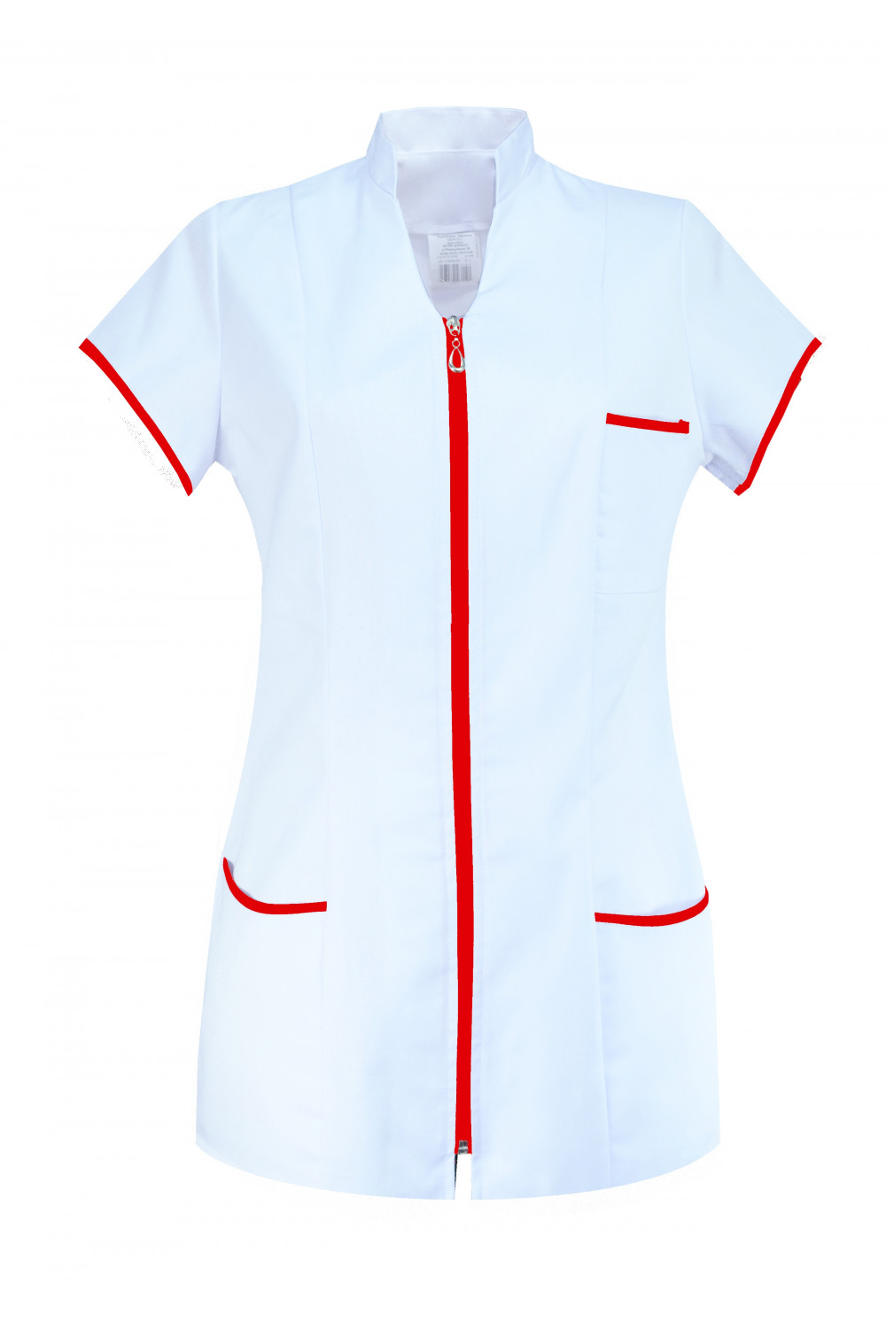 M-308 Żakiet damski na suwak ze stójką medyczny kosmetyczny fartuch kolor biały z czerwonym 