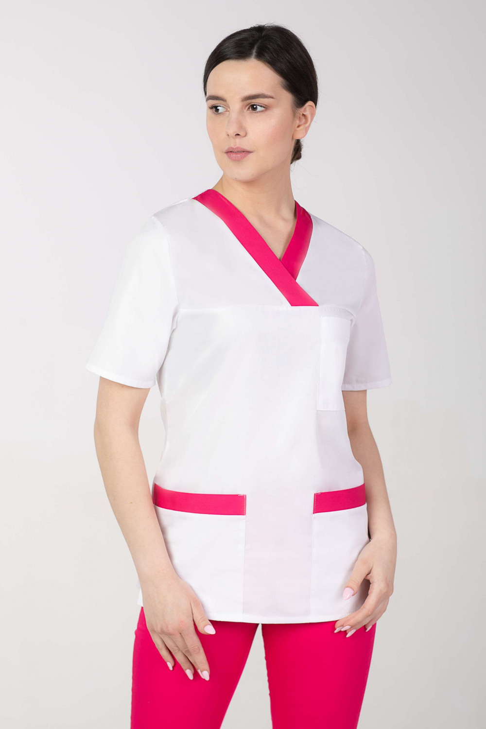 Bluza medyczna kosmetyczna damska biały z amarantem M-074P