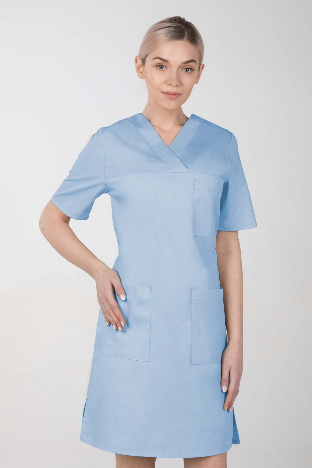 M-076FX Sukienka damska elastyczna medyczna fartuch kosmetyczny kolor błękitny