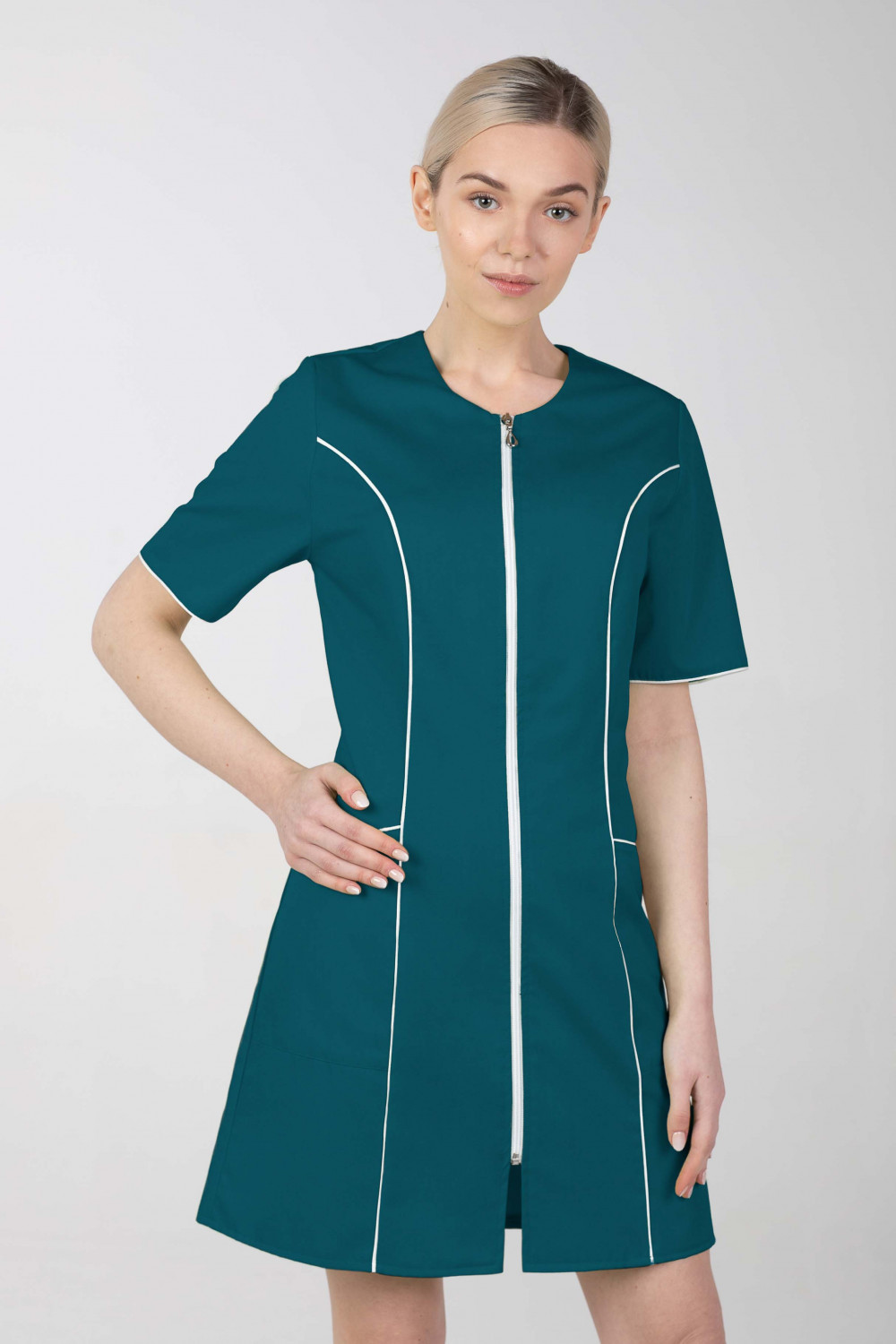 M-173C Fartuch damski medyczny sukienka medyczna na zamek kolor ciemny zielony