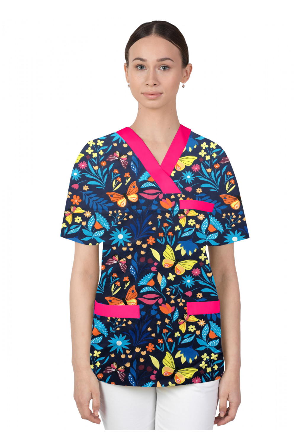 Bluza medyczna we wzorki kolorowa damska M-074G motylki kolorowe na łące na granatowym tle