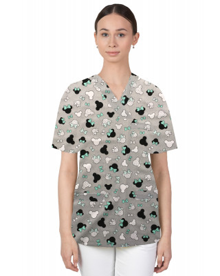 Bluza medyczna we wzorki kolorowa damska M-074G miki male czarno miętowe na szarym tle