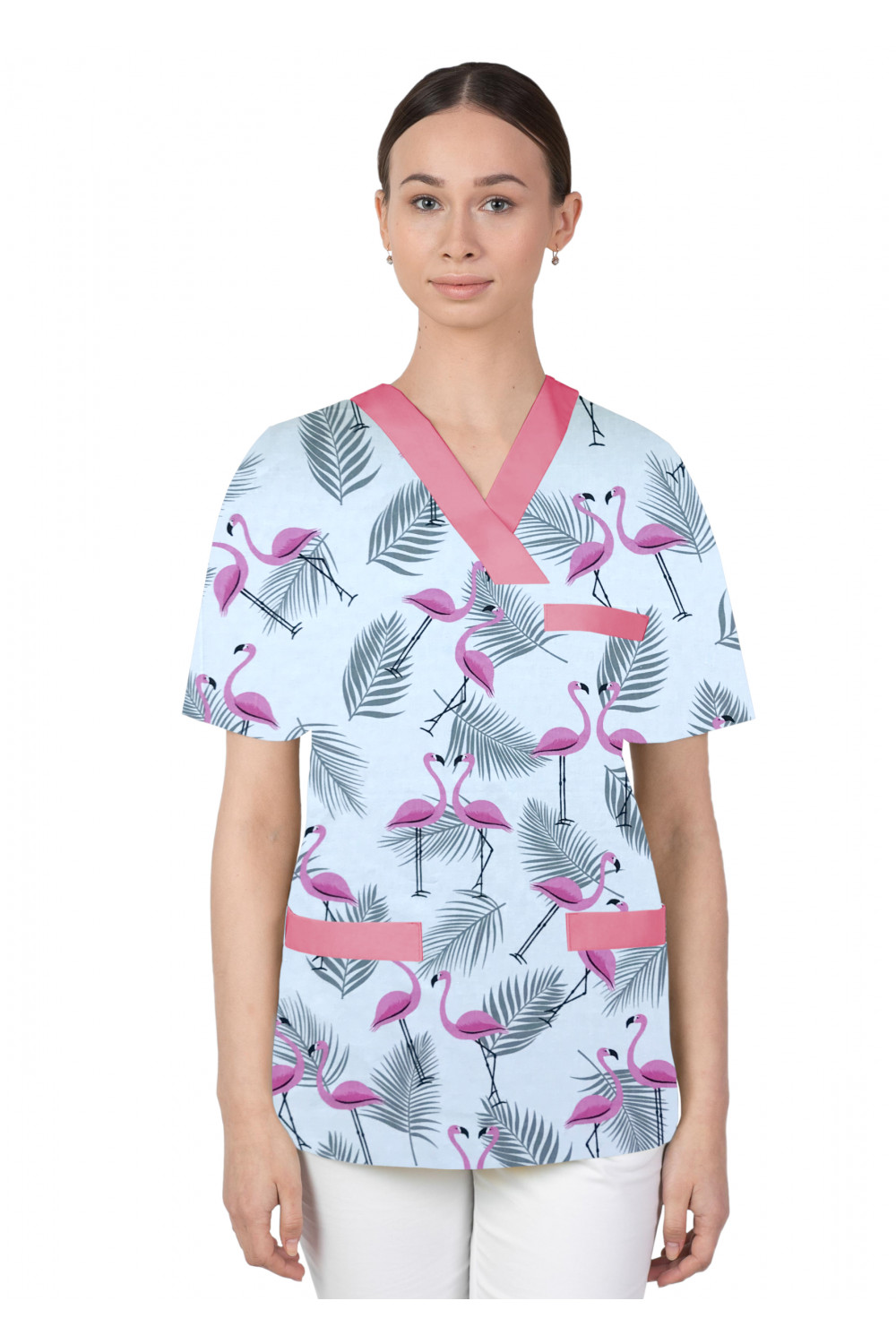Bluza medyczna we wzorki kolorowa damska M-074G różowe flamingi