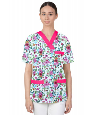Bluza medyczna we wzorki kolorowa damska M-074G kwiaty maki kolorowe na białym tle