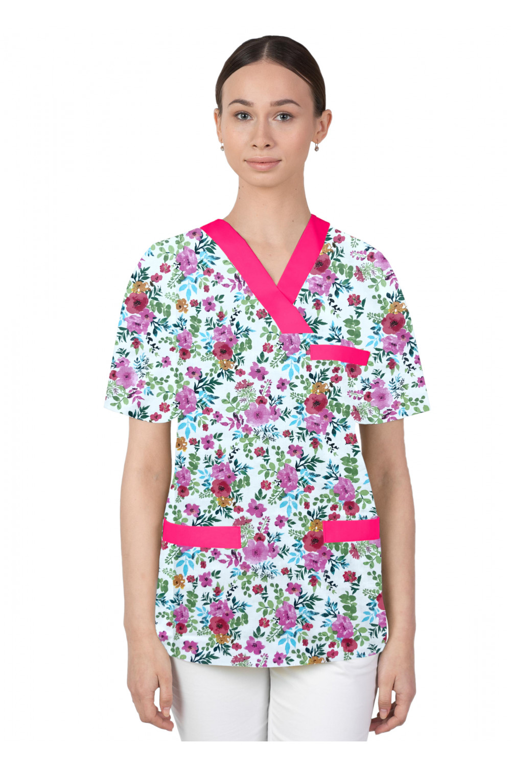 Bluza medyczna we wzorki kolorowa damska M-074G kwiaty maki kolorowe na białym tle