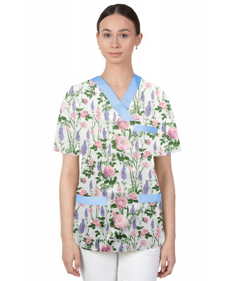 Bluza medyczna we wzorki kolorowa damska M-074G lawenda z różami na białym tle