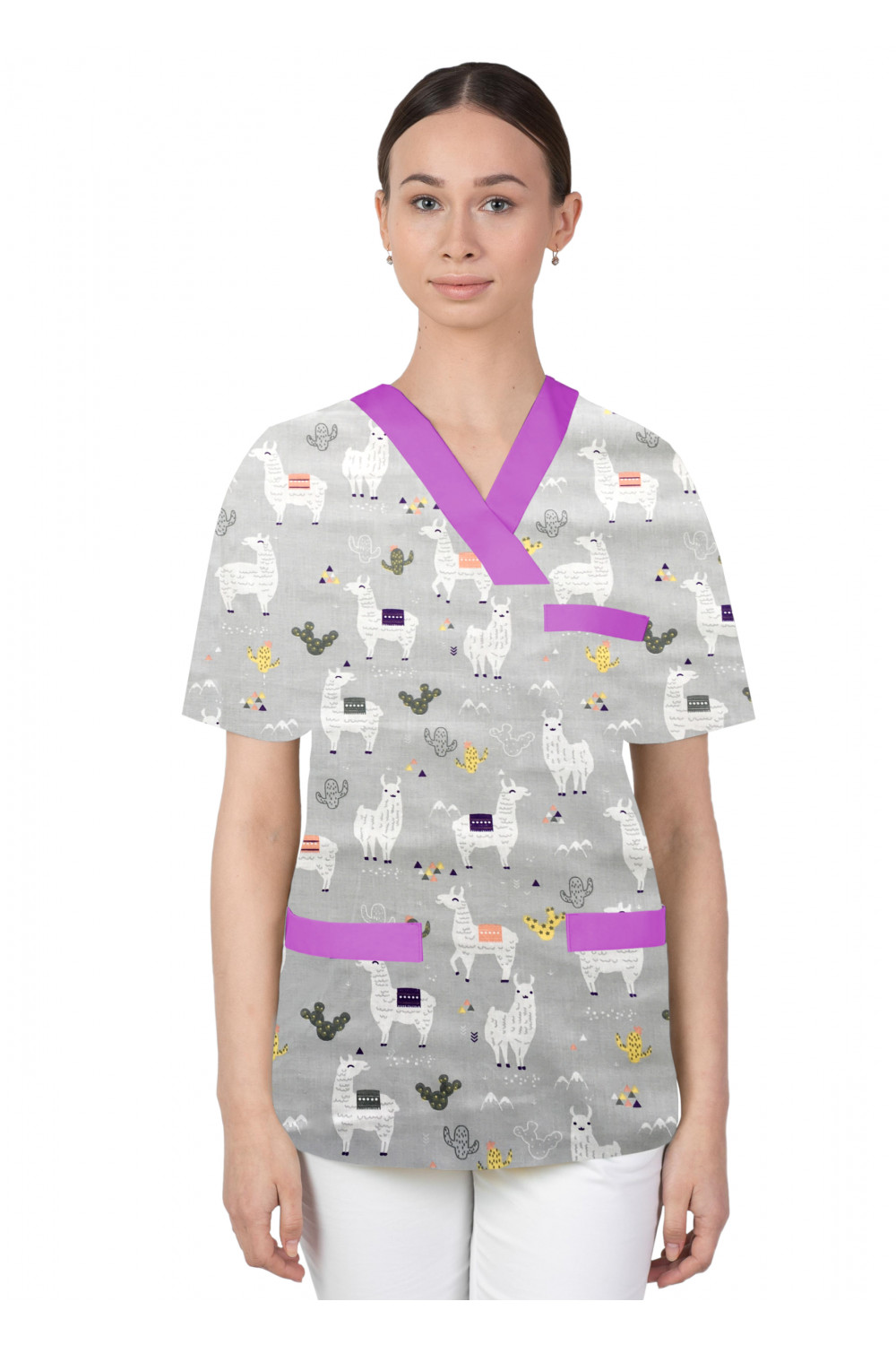 Bluza medyczna we wzorki kolorowa damska M-074G alpaki na szarym tle