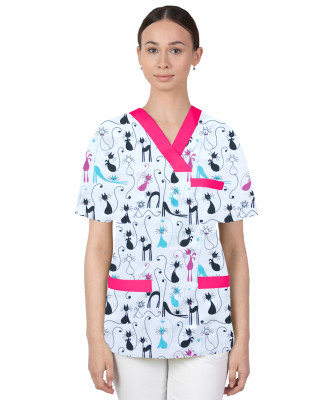 Bluza medyczna we wzorki kolorowa damska M-074G kotki filemony różowo niebieskie na białym tle