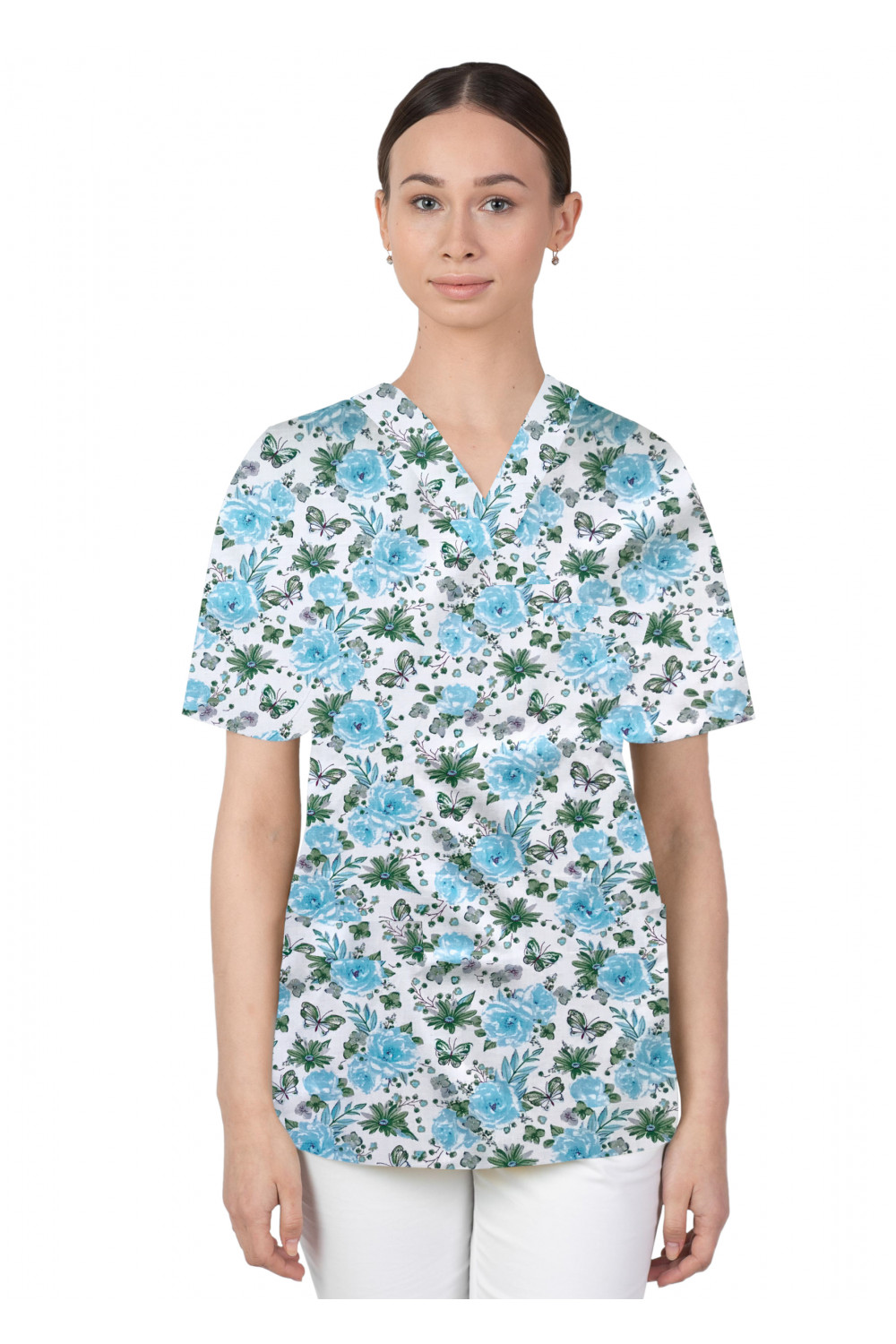 Bluza medyczna we wzorki kolorowa damska M-074G kwiatki z motylkami błękitno zielone na białym tle