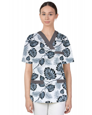 Bluza medyczna we wzorki kolorowa damska M-074G liście szare na białym tle