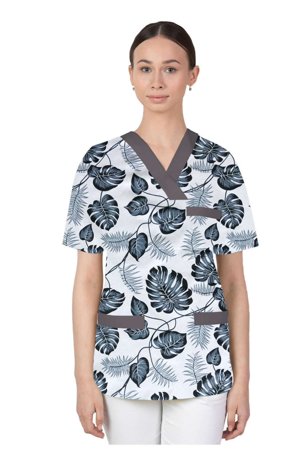 Bluza medyczna we wzorki kolorowa damska M-074G liście szare na białym tle
