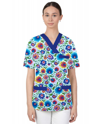 Bluza medyczna we wzorki kolorowa damska M-074G wzór łowicki na białym tle