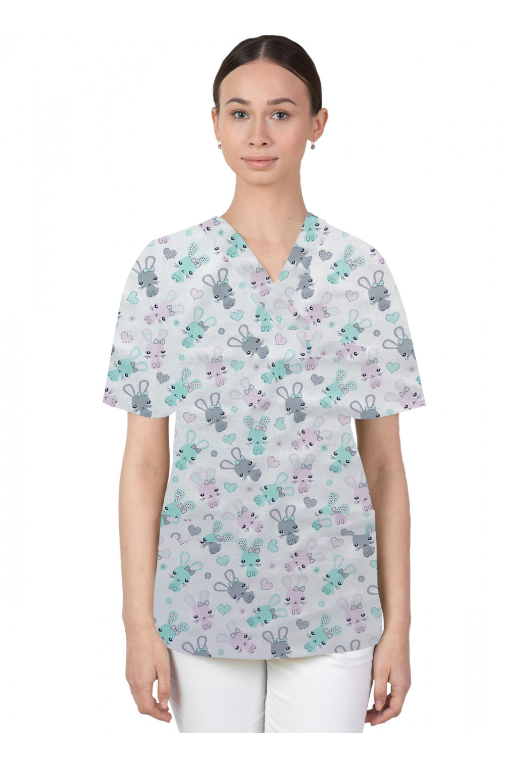 Bluza medyczna we wzorki kolorowa damska M-074G króliki różowo miętowe na szarym tle