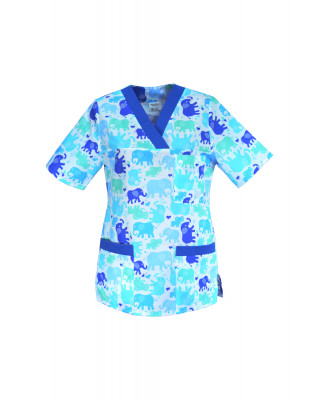M-074G bluza medyczna damska we wzorki, kolorowa. Wzór niebieskie słoniki z indygo
