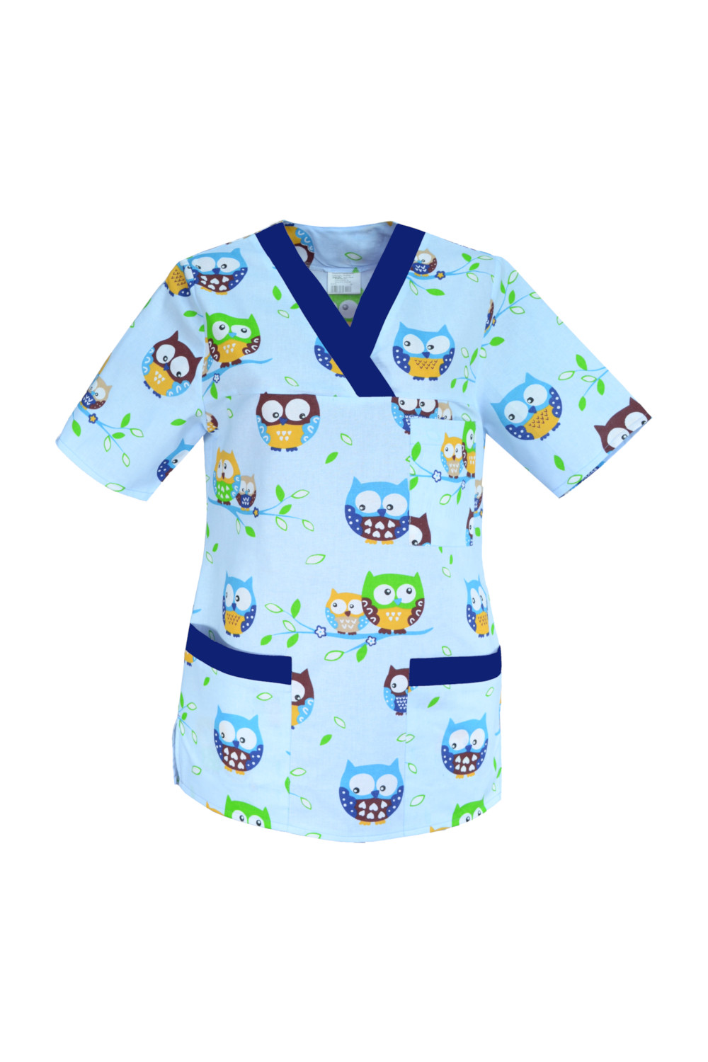 M-074G bluza medyczna damska we wzorki, kolorowa. Wzór sowy z szafirem