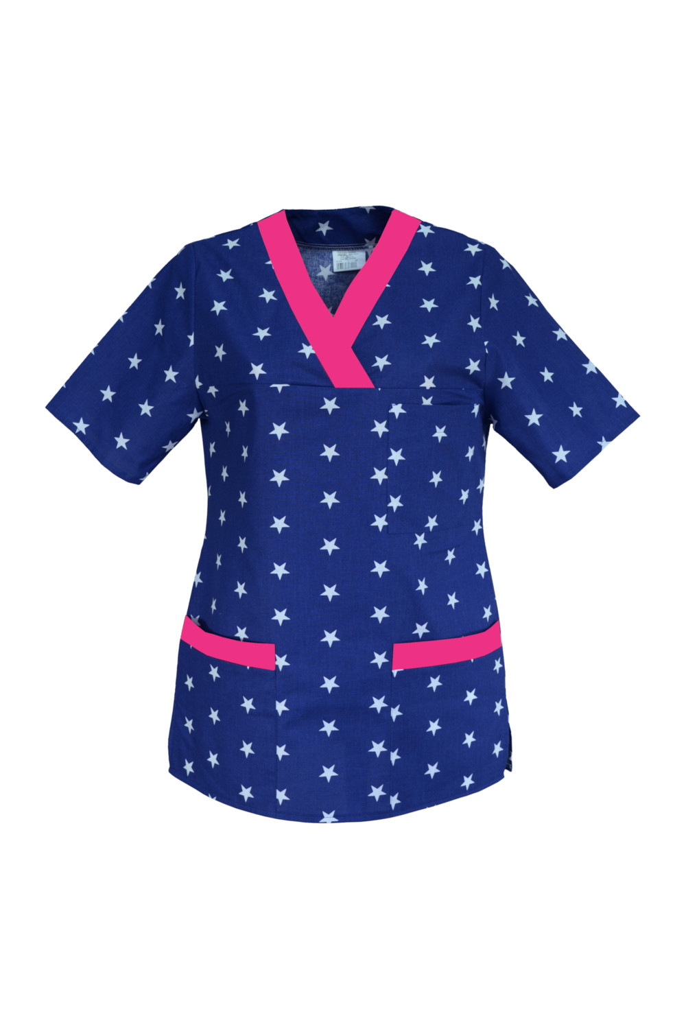 M-074G bluza medyczna damska we wzorki, kolorowa. Wzór białe gwiazdki na granacie z amarantem