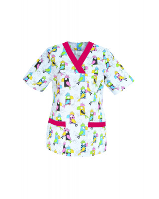 M-074G bluza medyczna damska we wzorki, kolorowa. Wzór papugi z amarantem