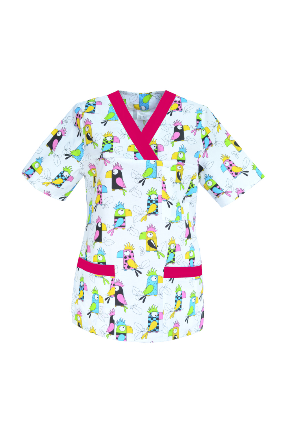 M-074G bluza medyczna damska we wzorki, kolorowa. Wzór papugi z amarantem