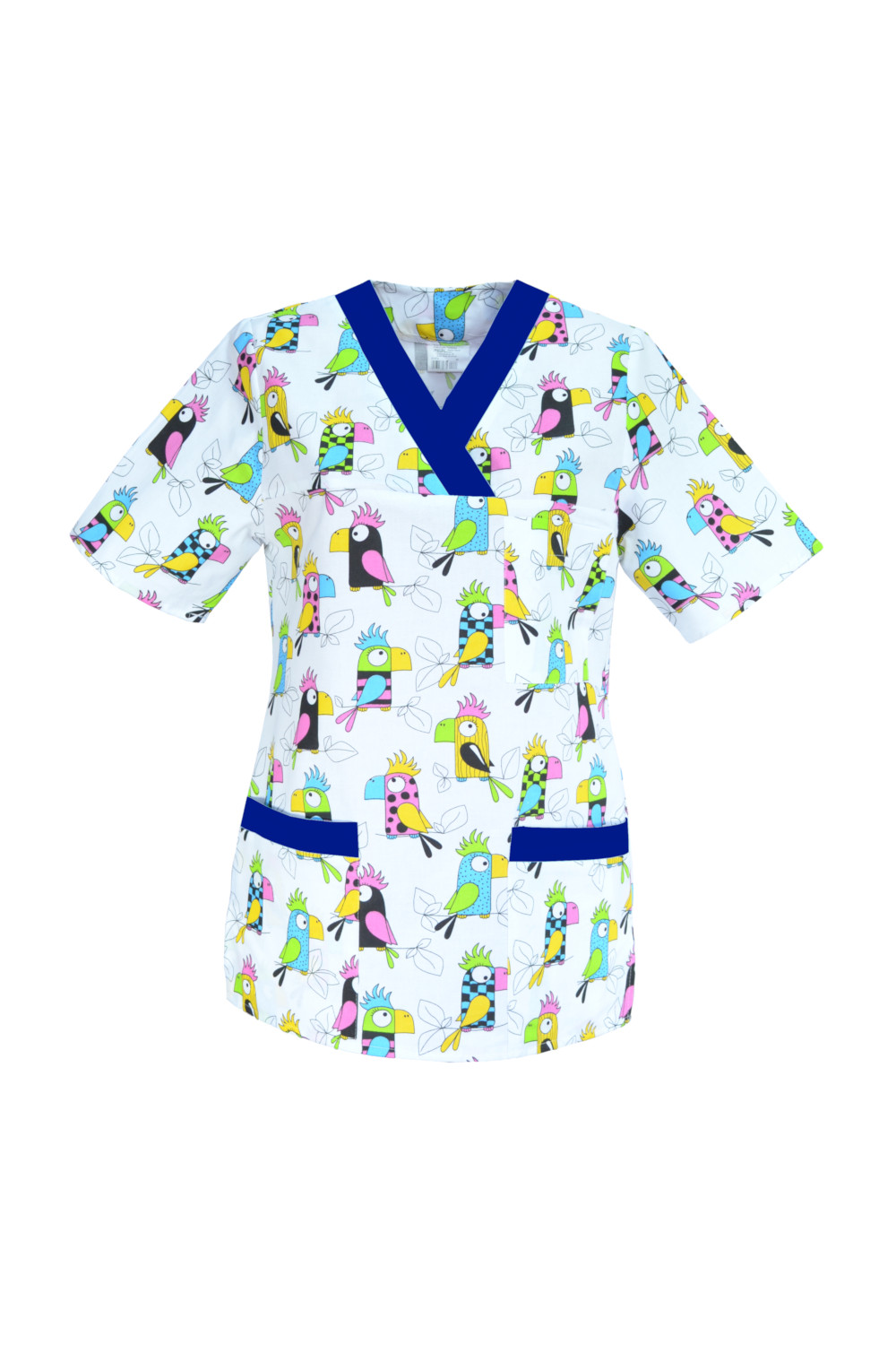 M-074G bluza medyczna damska we wzorki, kolorowa. Wzór papugi z szafirem