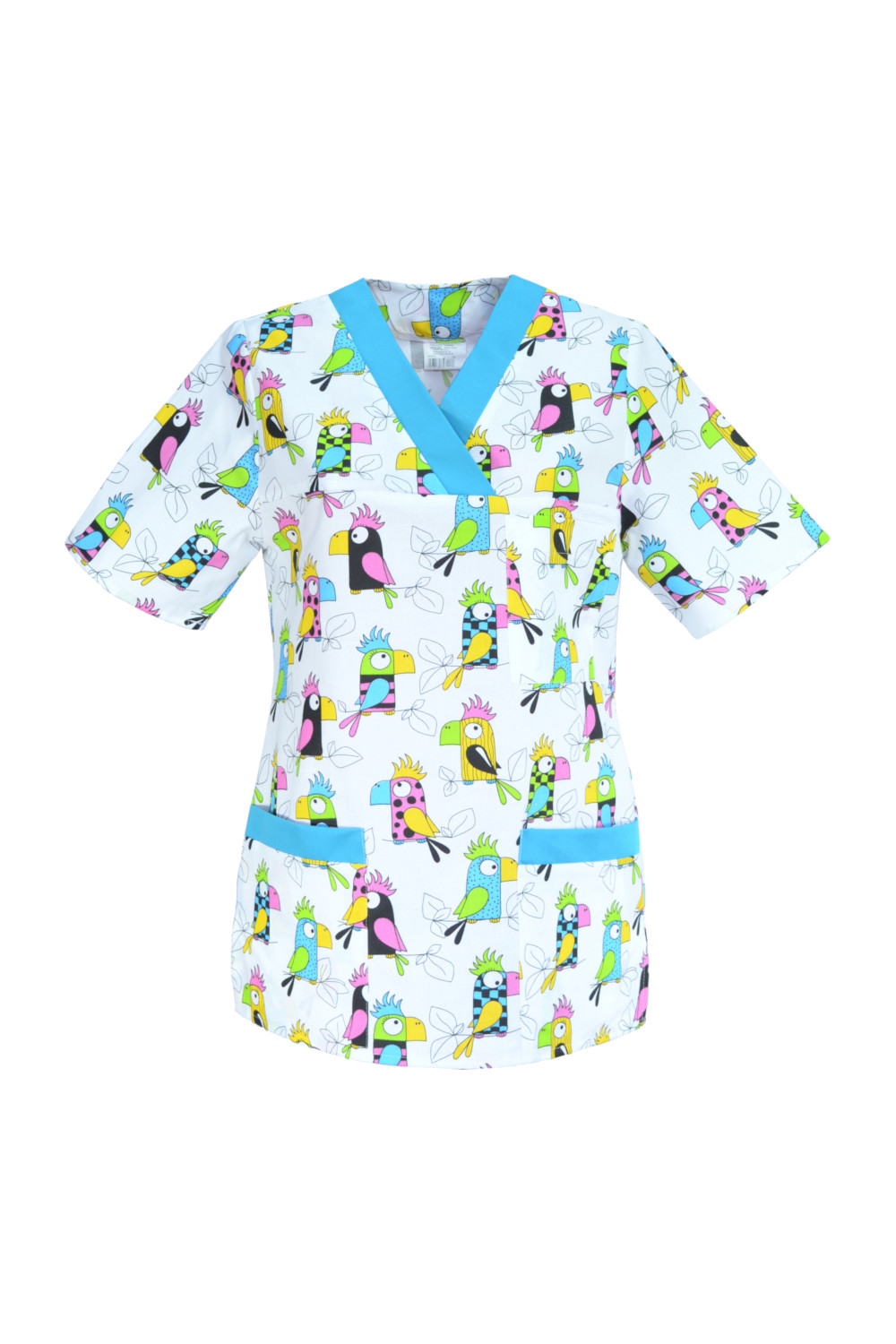 M-074G bluza medyczna damska we wzorki, kolorowa. Wzór papugi z turkusem