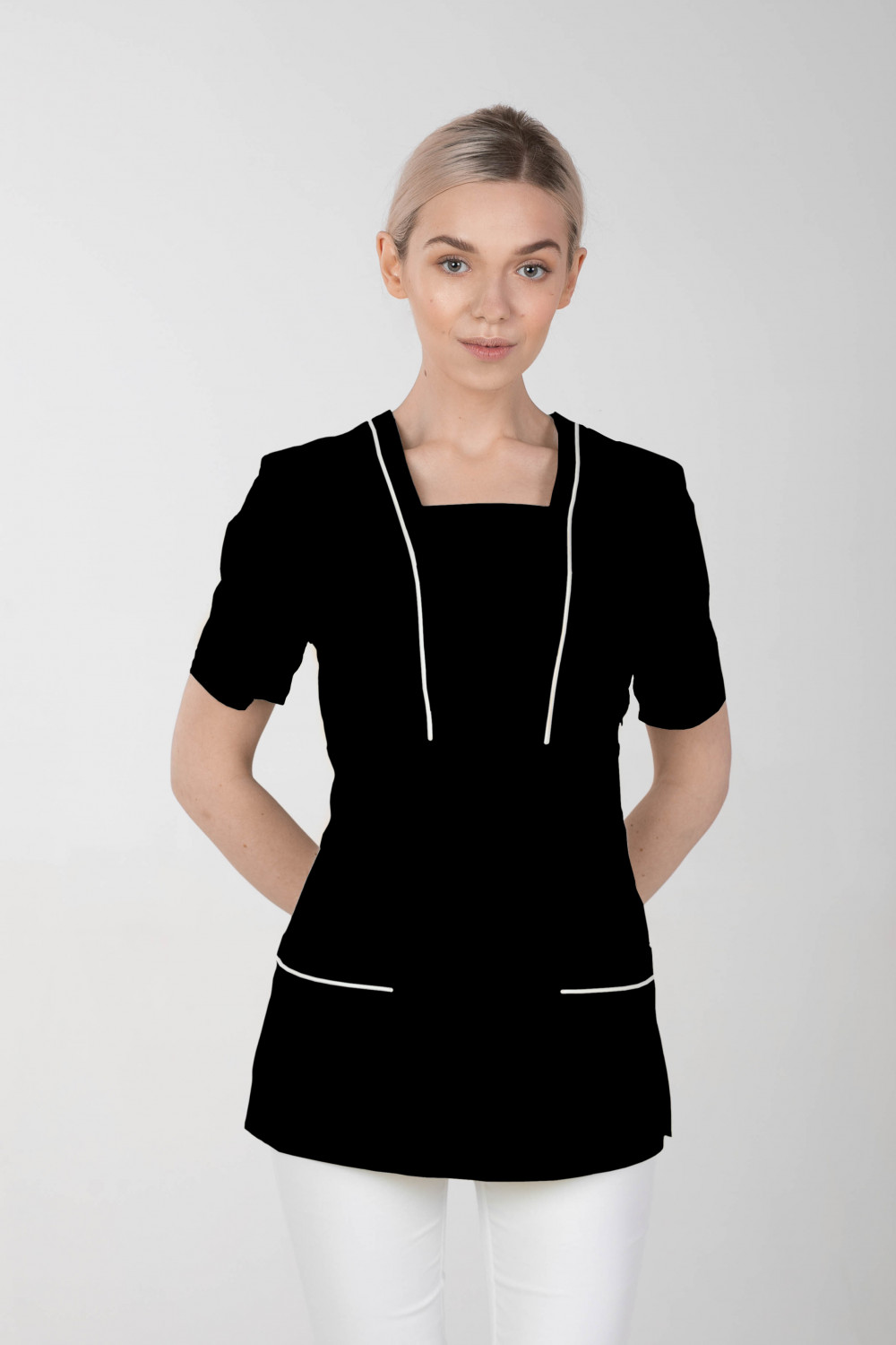 M-054X Elastyczna bluza damska medyczna kosmetyczna fartuch uniform kolor czarny