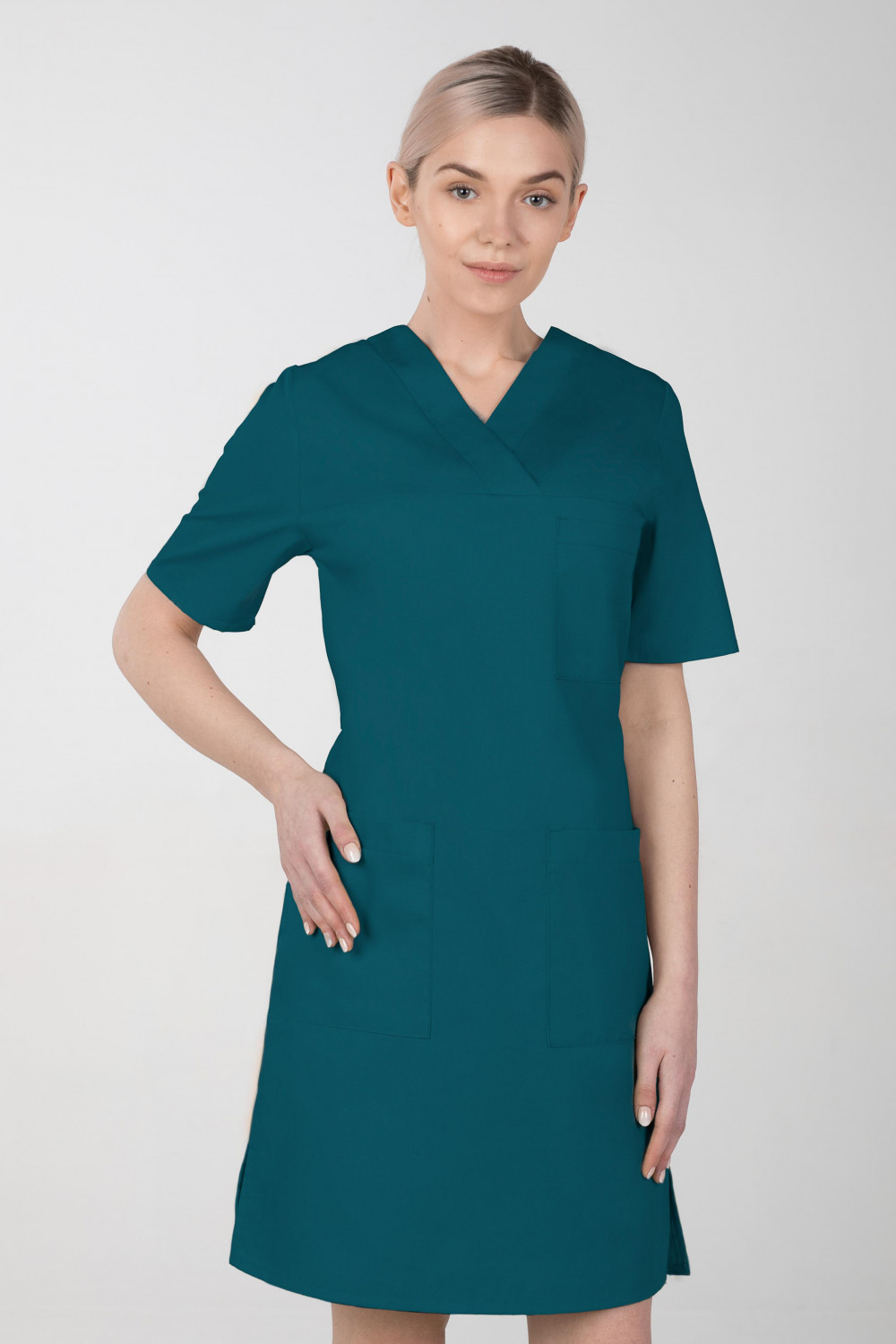 M-076FX Sukienka damska elastyczna medyczna fartuch kosmetyczny kolor ciemna zieleń