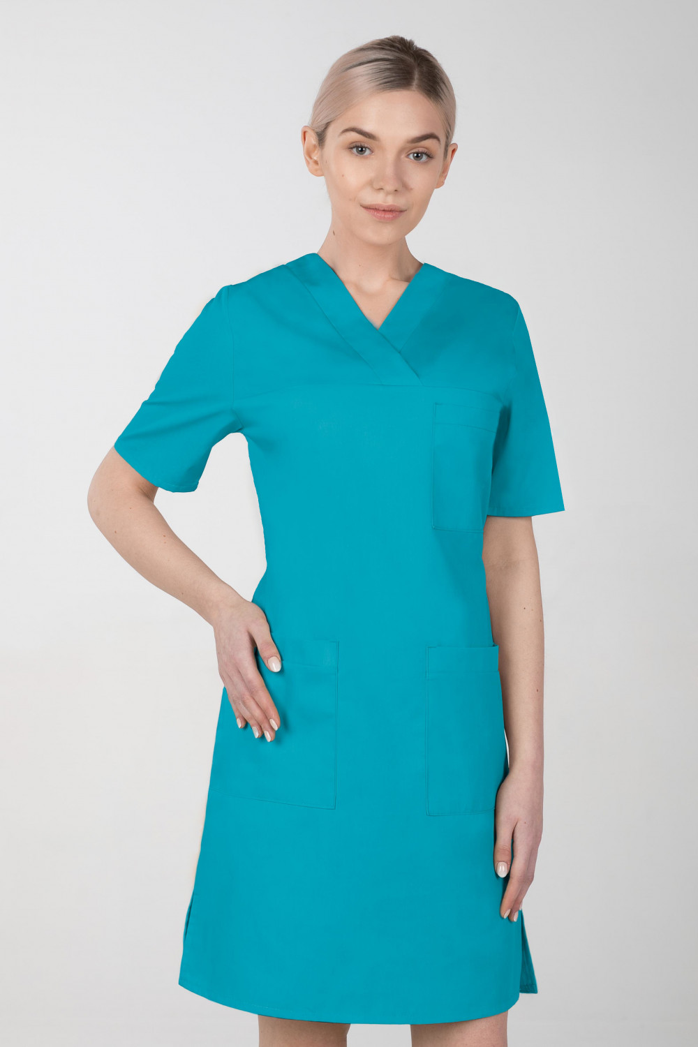 M-076F Sukienka medyczna wiązana  fartuch medyczny kolor turkus
