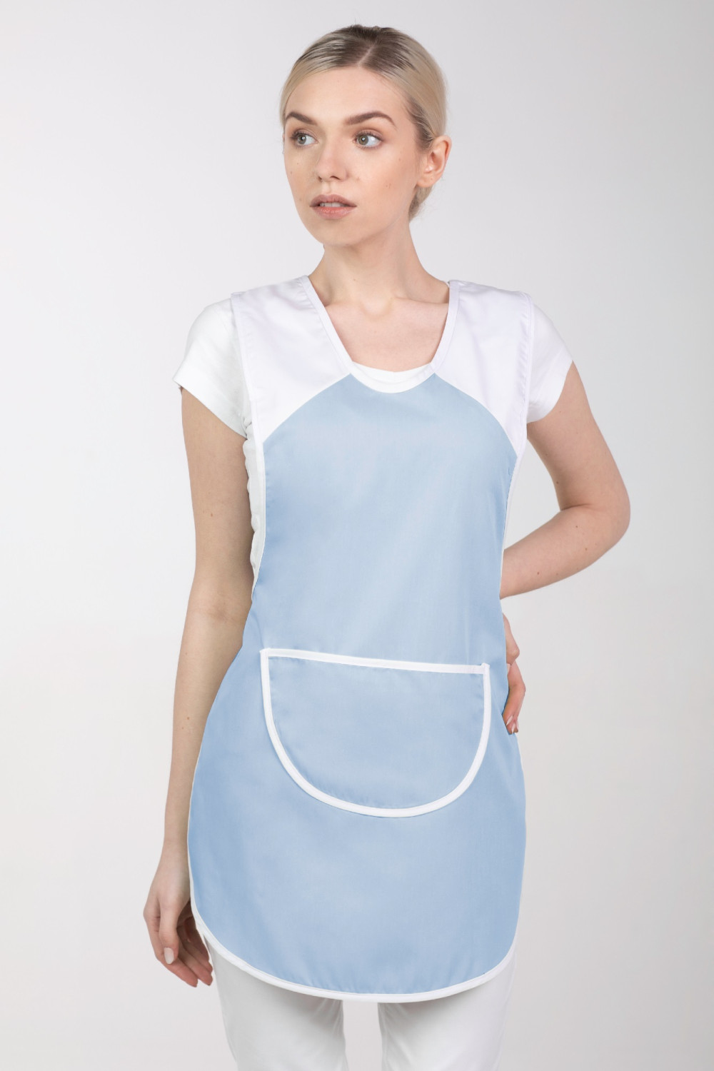 M-023A fartuch kasak kuchenny odzież gastronomiczna wiązany po bokach błękit + biały