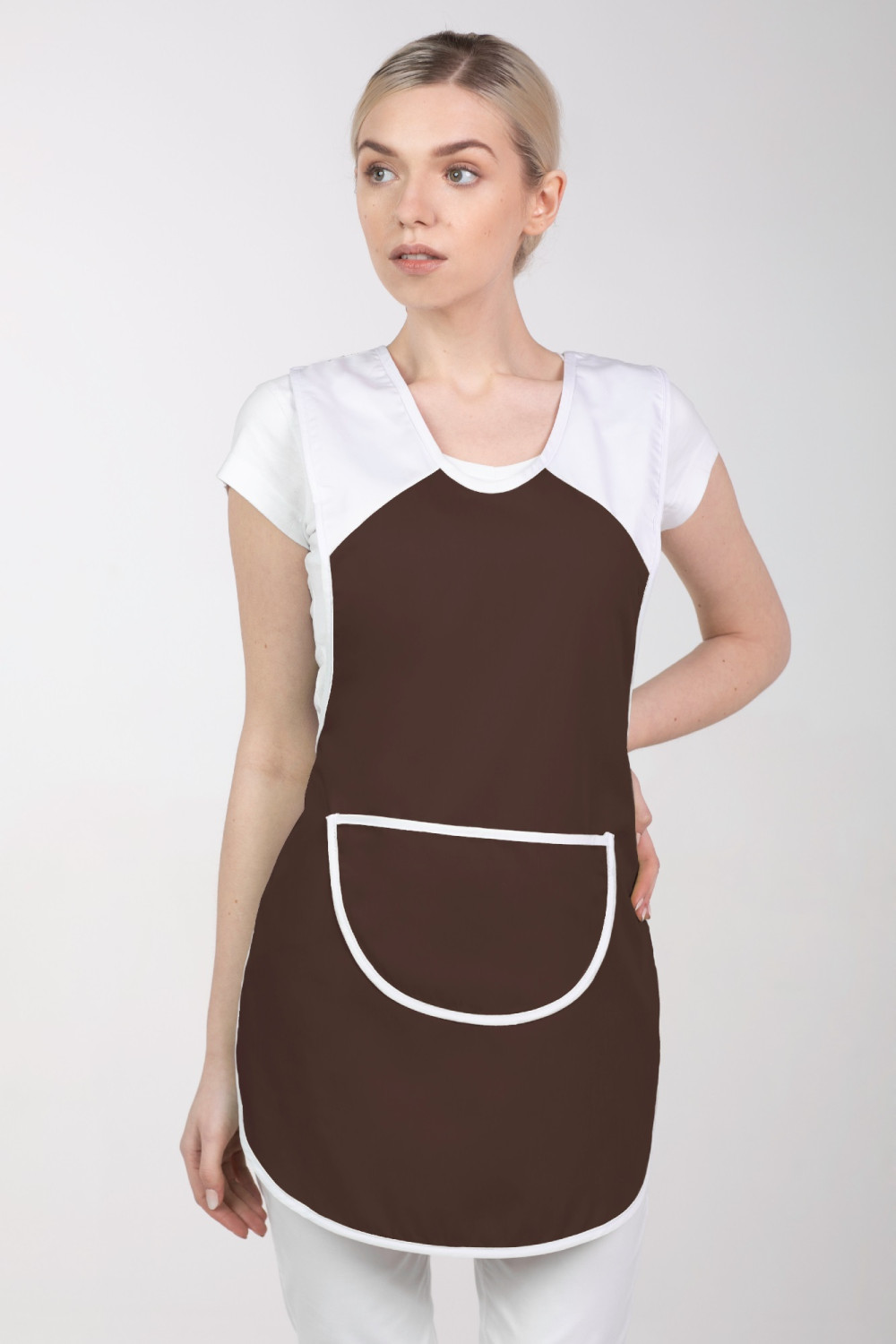 M-023A fartuch kasak kuchenny odzież gastronomiczna wiązany po bokach czekolada + biały