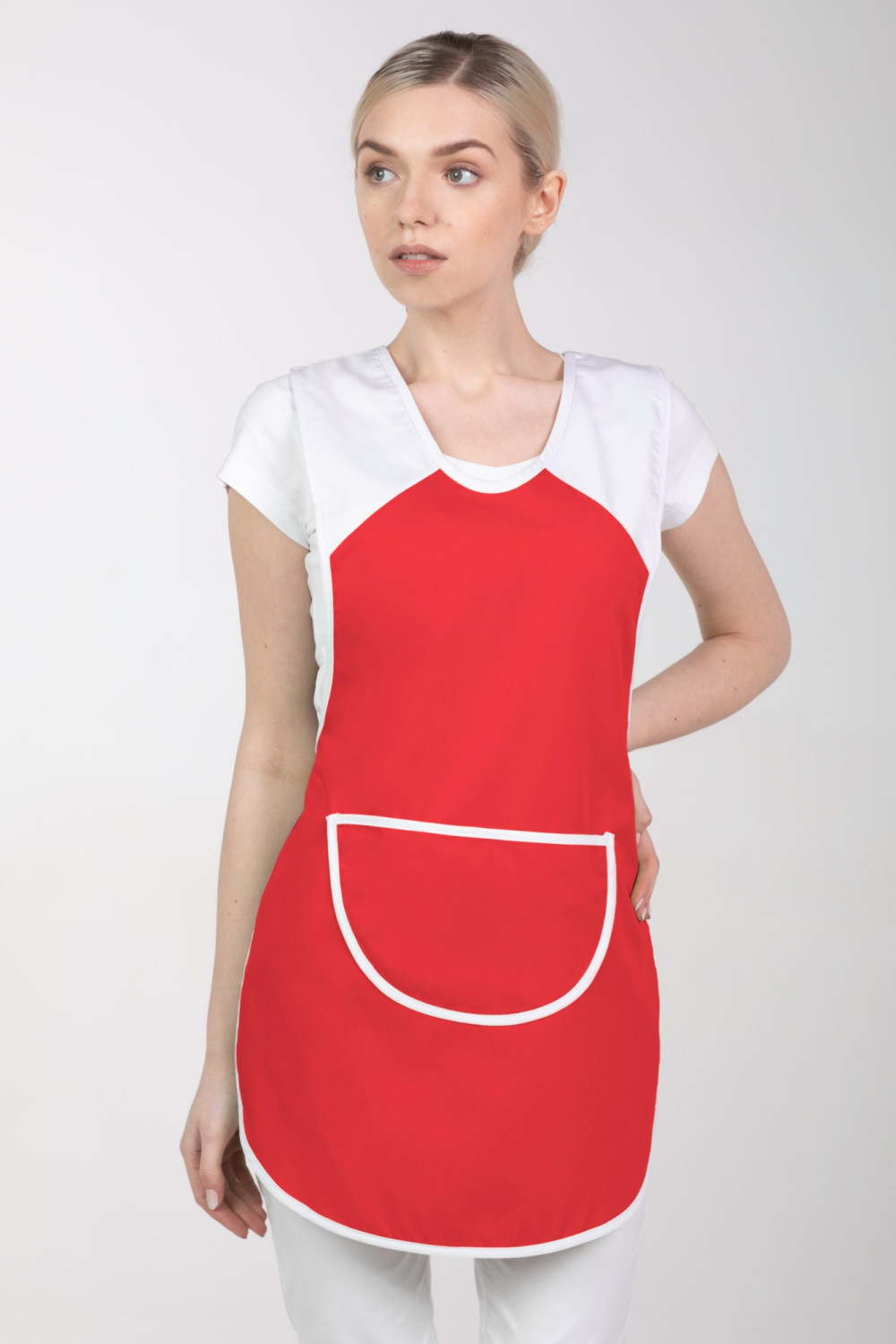 M-023A fartuch kasak kuchenny odzież gastronomiczna wiązany po bokach czerwony + biały